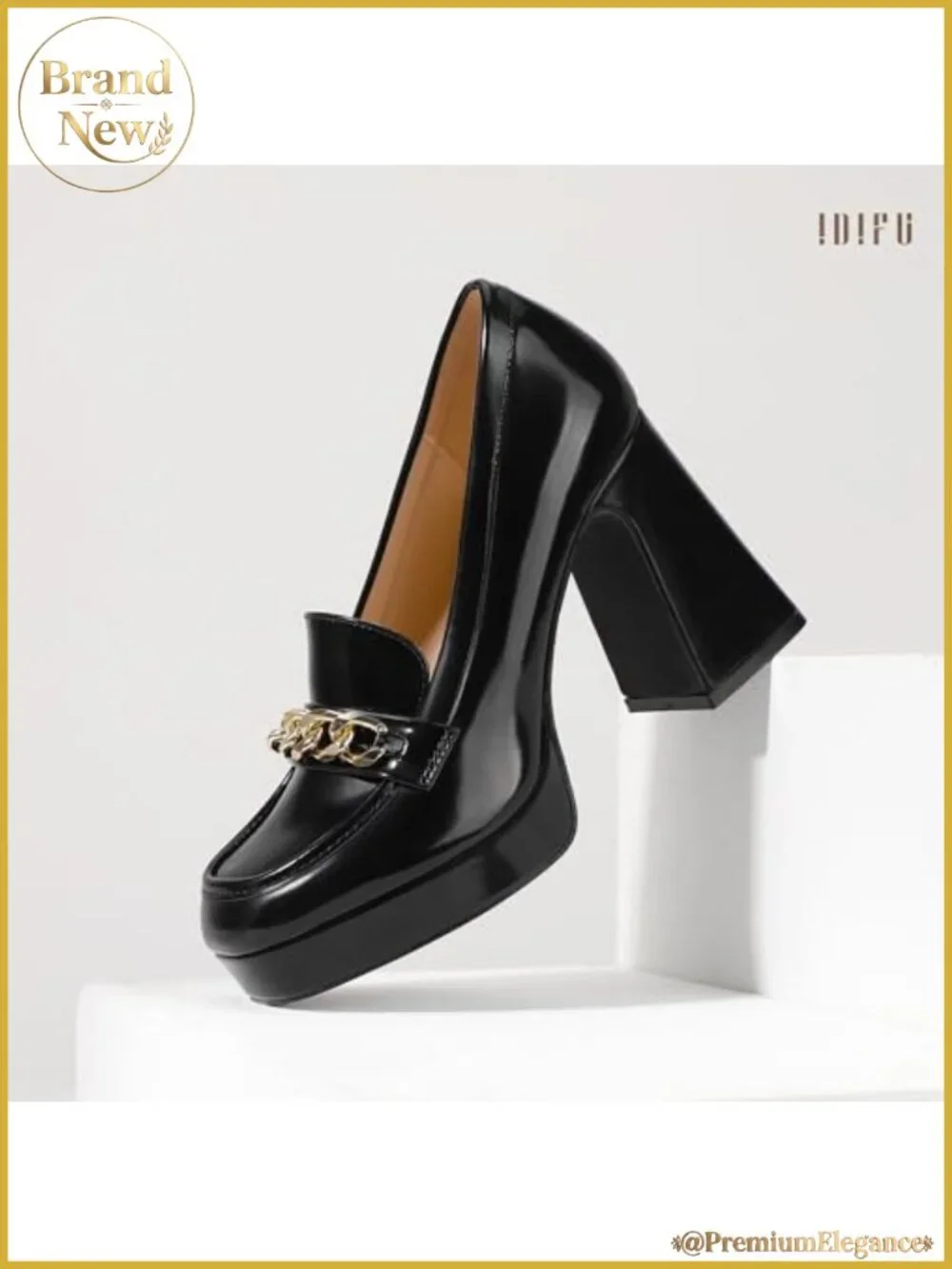 Platform chunky heel loafers with metal chain square toe slip on